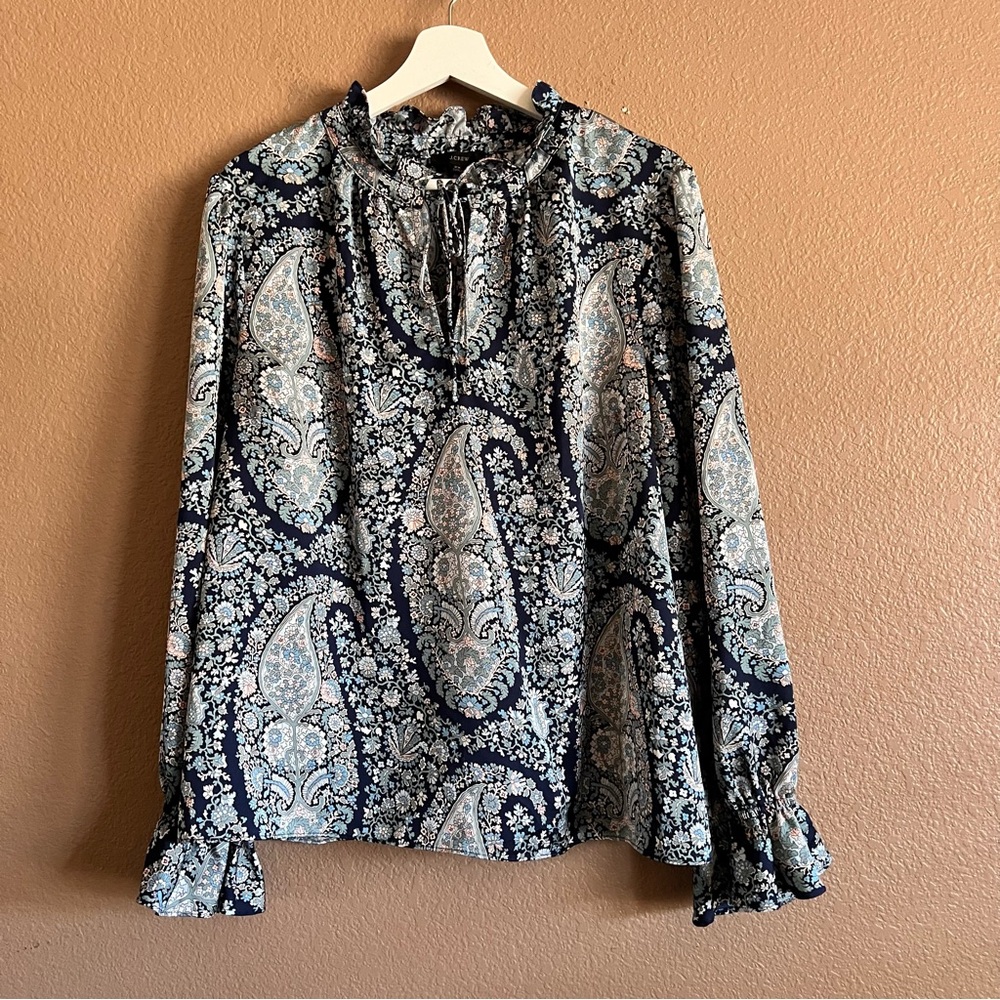 J Crew Drapey Tie-Neck Ruffle Navy Paisley Women's Top Size 2X